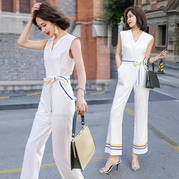 

Summer V-Neck jumpsuit sexy sleeveless belt Piece Pants women's office White high waist one piece long pants wide leg jumpsuit
