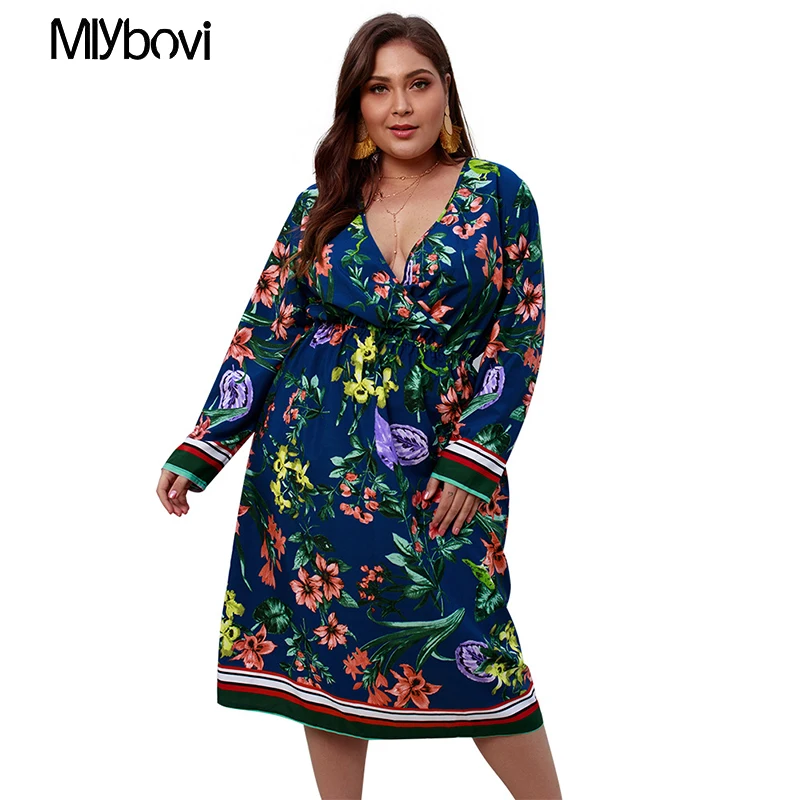 V Neck Floral Printed Long Sleeve Casual Dresses