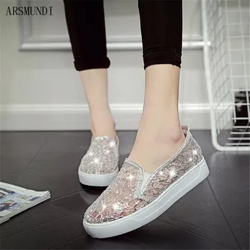 

ARSMUNDI 2019 New Fashion Summer Lace Rhinestones Women Flats Casual Cut Outs Shoes Hollow Floral Breathable Platform Shoes M353