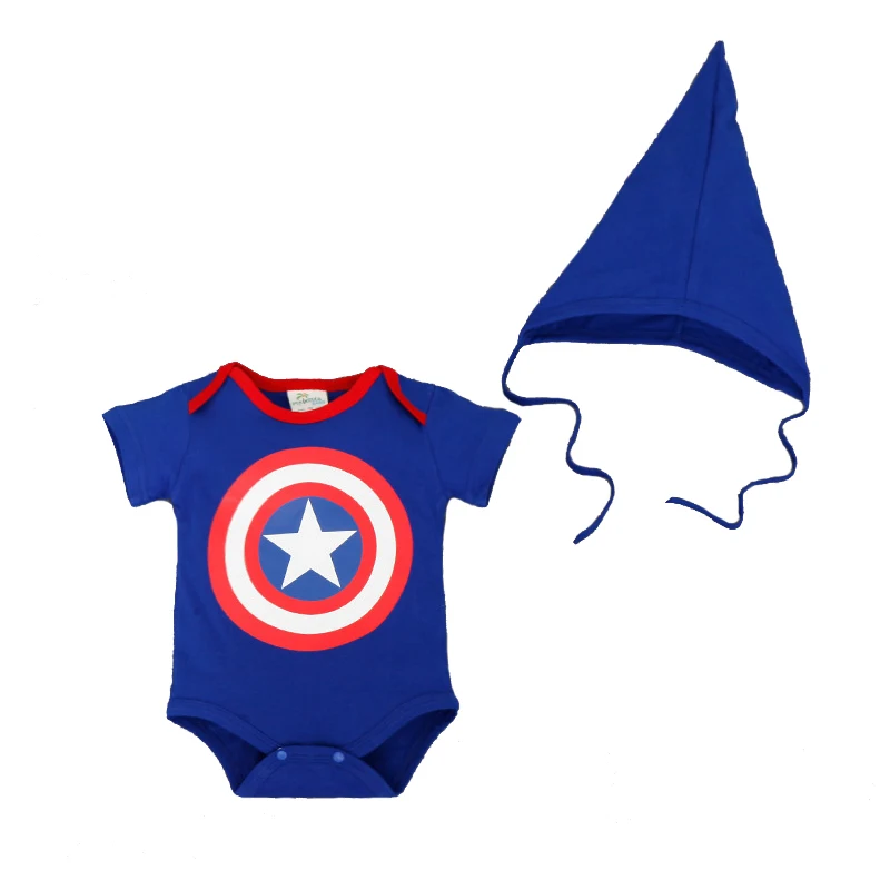 

Hot Sale Baby Romper Jumpsuit Cotton Short Sleeve Captain America Style With Hat Baby Triangle Romper Clothing For 0-2T DZ902