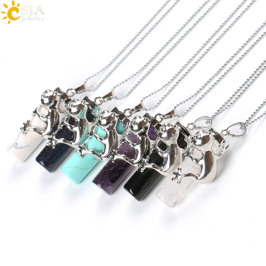 CSJA Pink Quartz Gem Power Statement Necklace Natural Gem Stone Pendant Frog Jewellery Male Female E184