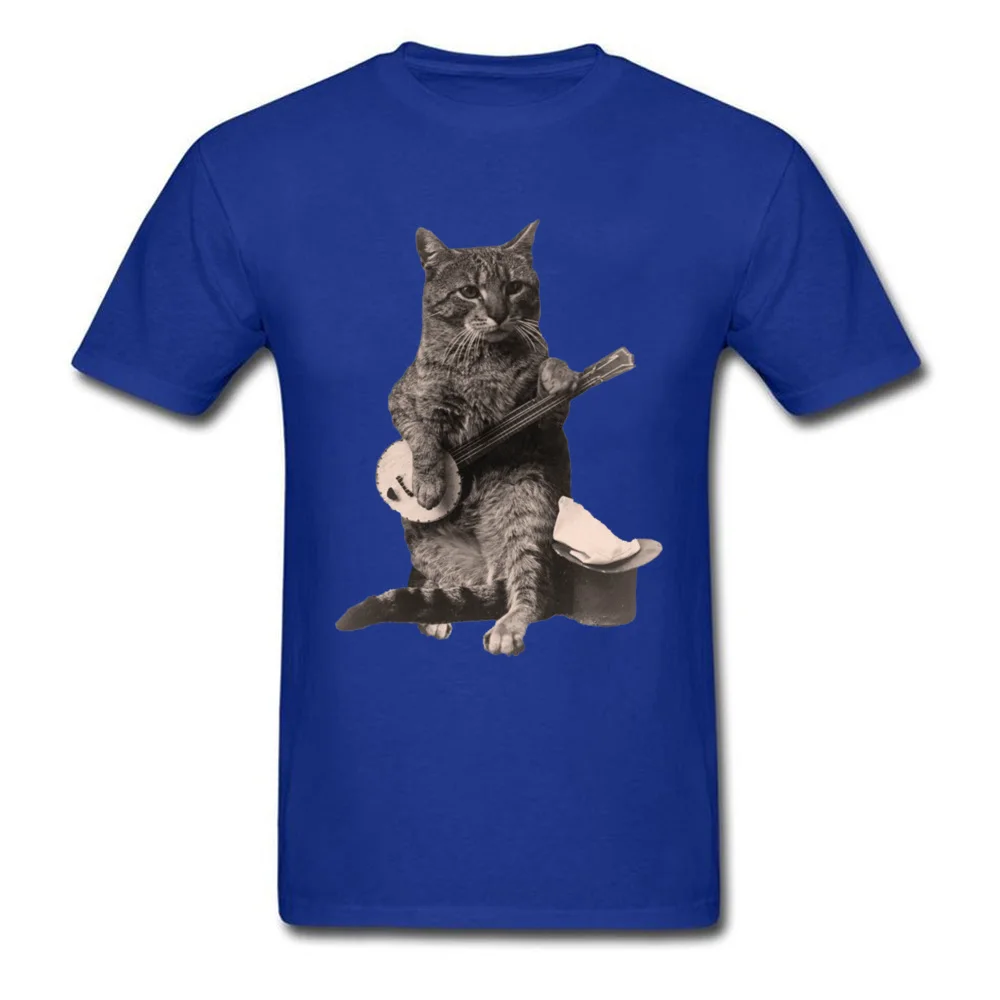Cat Playing Banjo Guitar ostern Day Pure Cotton O-Neck Tops & Tees Short Sleeve Custom Tee Shirts Coupons Normal T Shirts Cat Playing Banjo Guitar blue