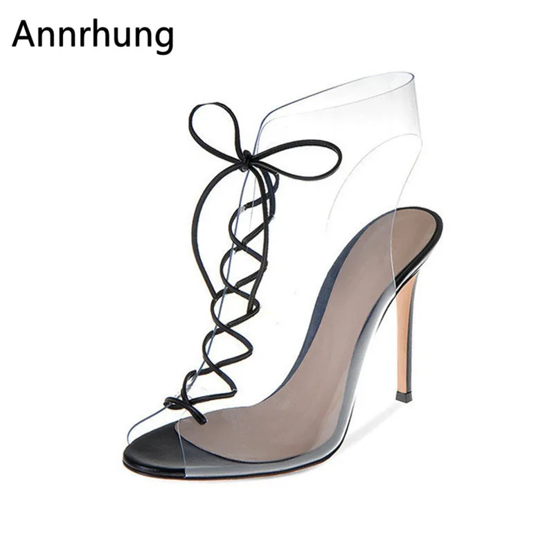 

2019 New Summer Transparent PVC Stiletto Sandals Women Peep Toe Thin High Heels Lace-Up Gladiator Stage Sandalias For Women