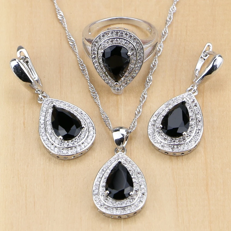 

Silver 925 Jewelry Black Cubic Zirconia White Crystal Jewelry Set Women Wedding Earrings/Pendant/Necklace/Ring