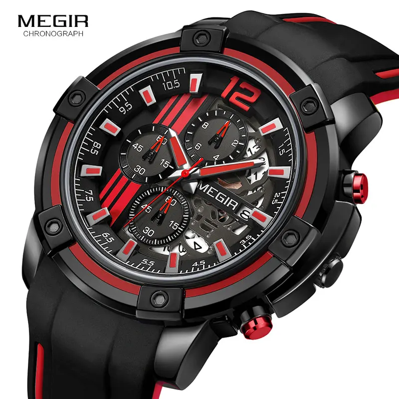 Billige Megir männer Sport Quarz Uhren Armee Military Chronograph Armbanduhr für Mann Leuchtende Relogios Masculino Uhr 2097 Schwarz Rot