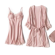 Женский сексуальный костюм-двойка, одежда для сна, женское кимоно, платье, розовое свадебное платье невесты, атласный однотонный Кружевной Аппликация, ночная рубашка и халат, комплект