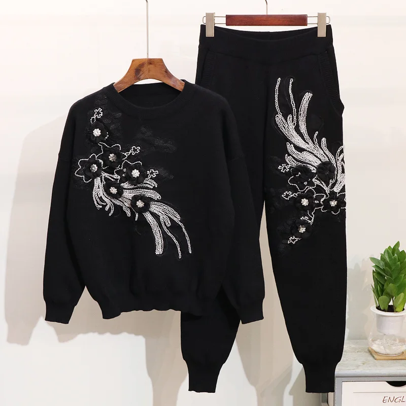 2018 Новая мода осень-зима Для женщин Цветы Вышивка пуловер свитер + штаны для отдыха Женский двух частей брюки комплект