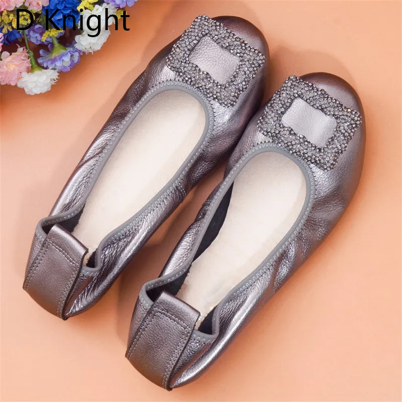 Natural Leather Loafer Womens Shoes Round Toe Slip On Ballet Shoes with Rhinestones Shallow Mouth Flats Ballerinas Women Size 12 (25)