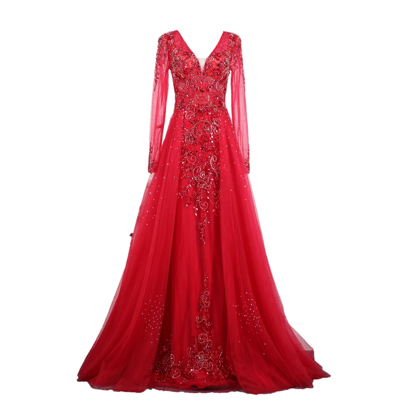 

SoAyle Long Sleeve Beaded Evening Dress V Neck Dark Blue Prom Dresses 2018 Red A-Line Evening Dresses
