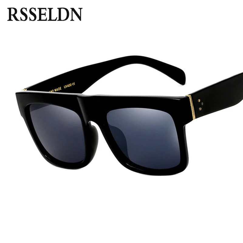 

RSSELDN Flat Top Sun glasses Oversize Goggles Mens Square Sunglasses Women Fashion Famous Brand Rivet Black Vintage Shades UV400