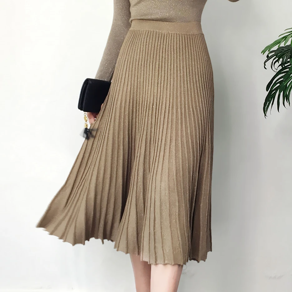 

New pleated Women Girl Skirts Knitted High waist Long A-line Skirt Women 8SK034