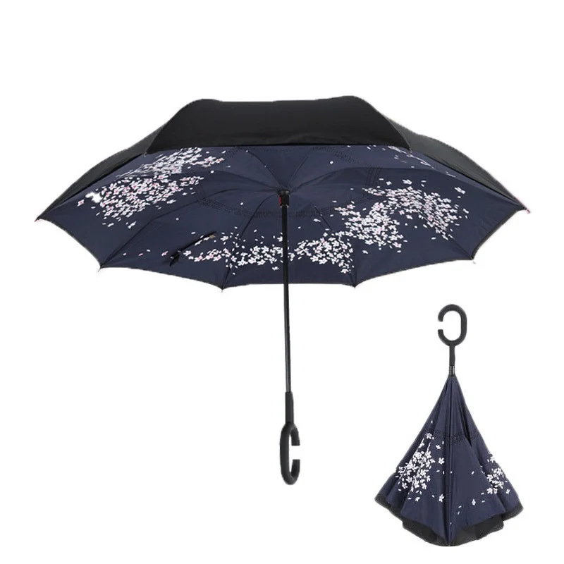 

Cherry Blossoms Folding Double Layer Inverted Umbrella Self Stand Inside Out Rain Protection Long C-Hook Hands For Car