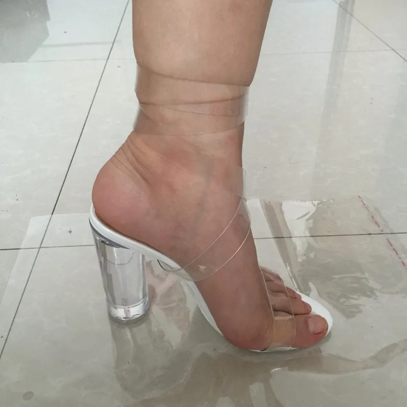 Дамские босоножки из ПВХ в стиле Ким Кардашьян Пикантные босоножки для вечеринок с ремешками на щиколотке на прозрачном высоком каблуке 10 см Прозрачный пластик