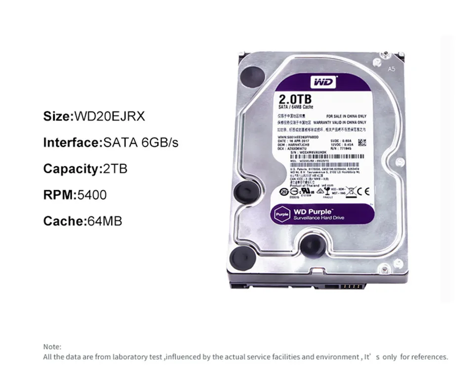 WD фиолетовый 2 ТБ HDD 64MB SATA 6 Gb/s1 3," Внутренний жесткий диск для видеонаблюдения WD20EJRX