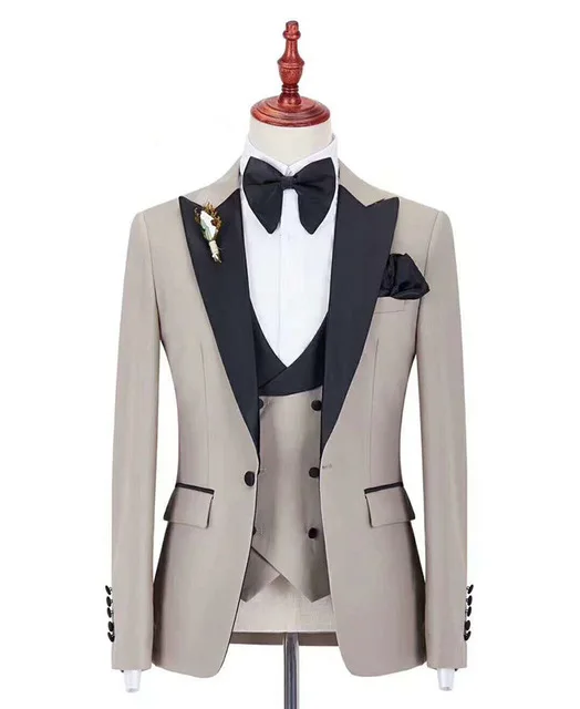 

Hot Sale Groomsmen Beige Groom Tuxedos Peak Black Lapel Men Suits Wedding Best Man Blazer ( Jacket+Pants+Bow Tie+Vest )
