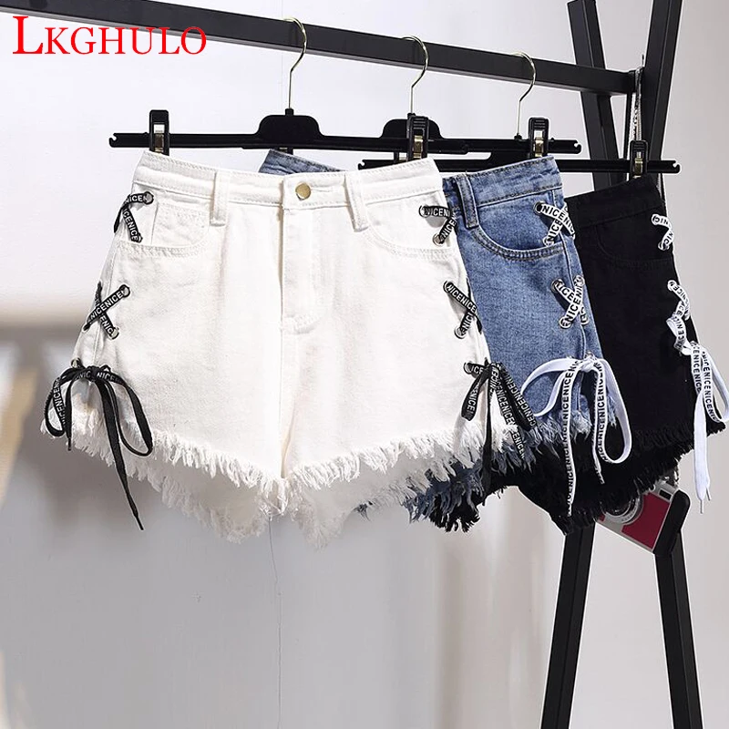 

LKGHULO Harajuku Vintage Tassel Denim Shorts Women Lace Up Jeans Cute Hot Shorts Streetwear Casual Party 5XL Shorts Female W113