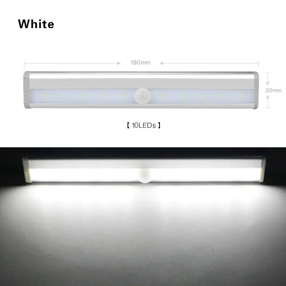 Светодиодный свет под кабинет движения PIR Сенсор лампы 6/10 светодиодный s 98/190 мм освещения для Шкаф Кухня ночник - Цвет: 190mm White