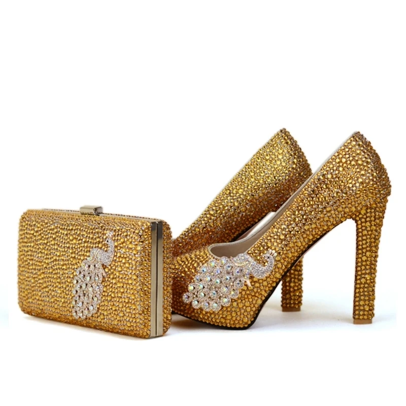 

2018 Newest Designer Unique Phoenix Decoration Gold Rhinestine Shoes With Matching Bag Party Proms Bridal Wedding High Heels