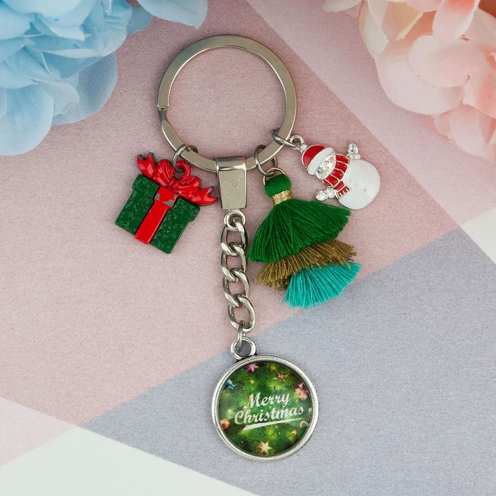 

Doreen Box Keychain & Keyring Tassel Dull Silver Color Green Red Christmas Santa Snowman 95mm(3 6/8") x 30mm(1 1/8"), 1 Piece