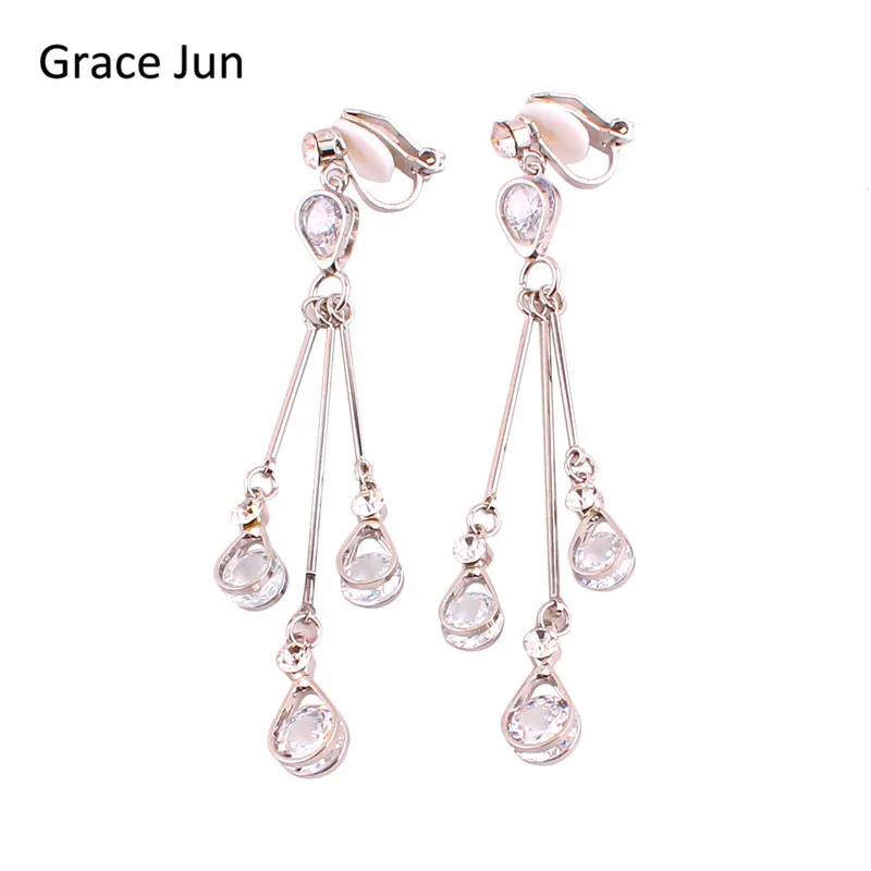 Бренд Grace Jun высококачественные длинные серьги клипсы с фианитом AAA без пирсинга