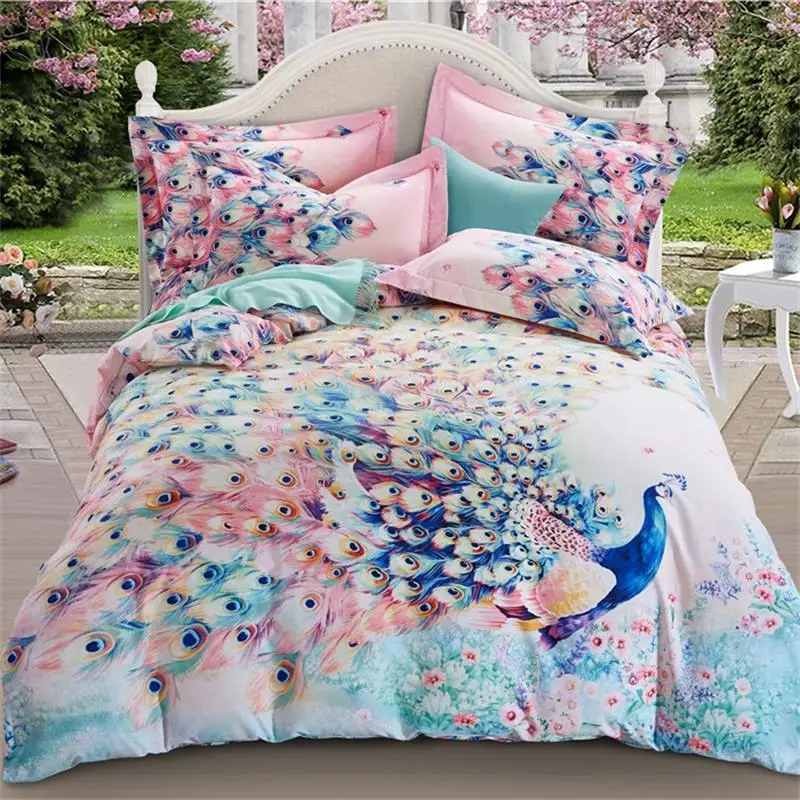 

Watercolor Peacock Print Bedding Set Queen King Size Bed Sheets Pillowcase Duvet Cover 100% Cotton Fabric Home Textiles