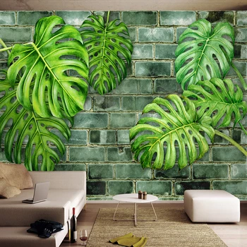 

Custom 3D Wall Murals Wallpaper Nordic Hand Painted Plants Green Leaf Brick Wall Papers Home Decor Living Room Wall Decoration