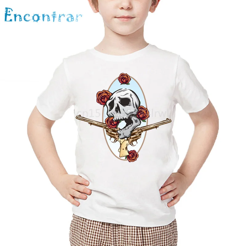 Size3T-9T Детская футболка с принтом рок-группы «пистолет и розы» детские летние белые топы для мальчиков и девочек, модная повседневная футболка ooo5196