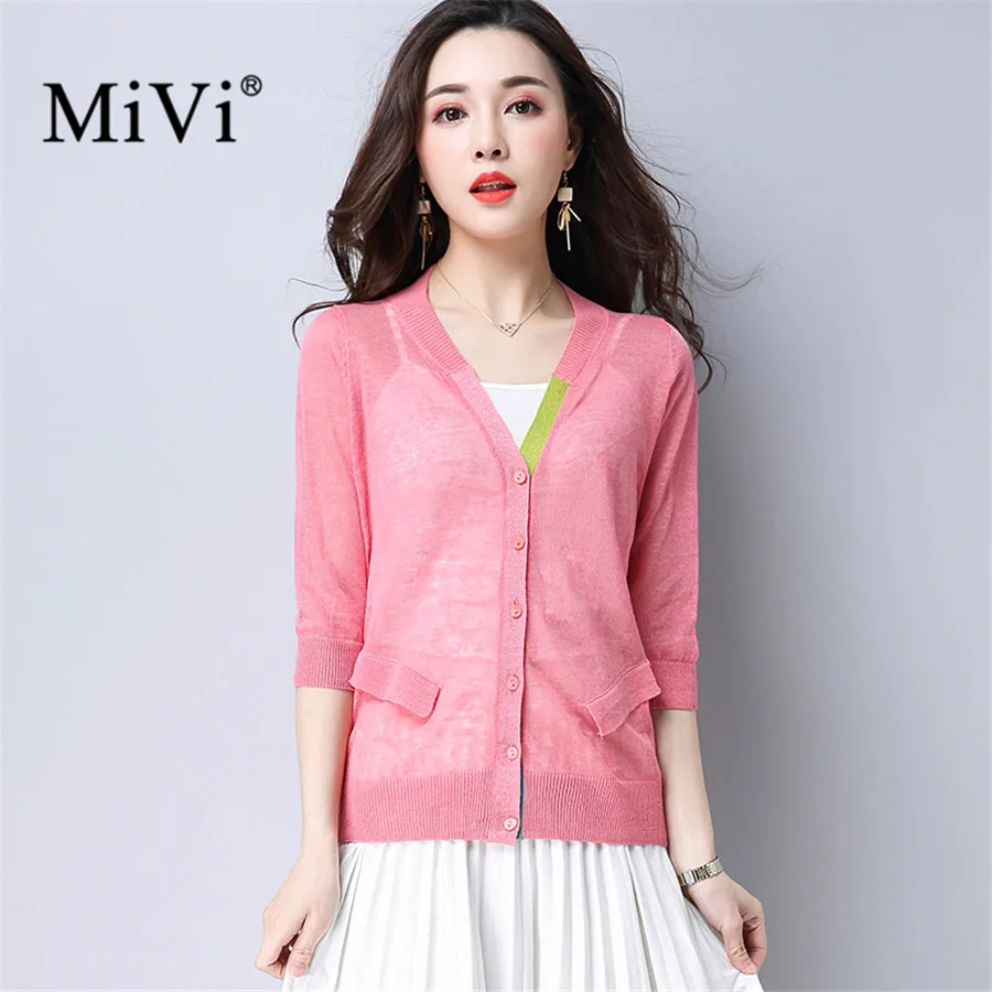 Summer Cardigan Women V Neck Thin Knitted Sweaters Pockets