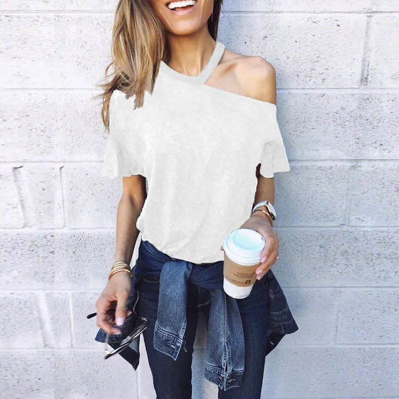 

2019 Spring And Summer New T-shirt Solid Color Short-sleeved Hanging Neck Strapless Casual Tee Shirt Top Camiseta Mujer