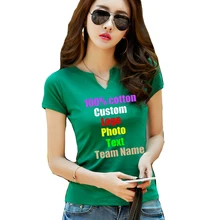 Тонкая однотонная Хлопковая женская футболка с v-образным вырезом, короткий рукав, логотип на заказ, фото текст, женские футболки с принтом, женские топы, Сексуальная футболка команды