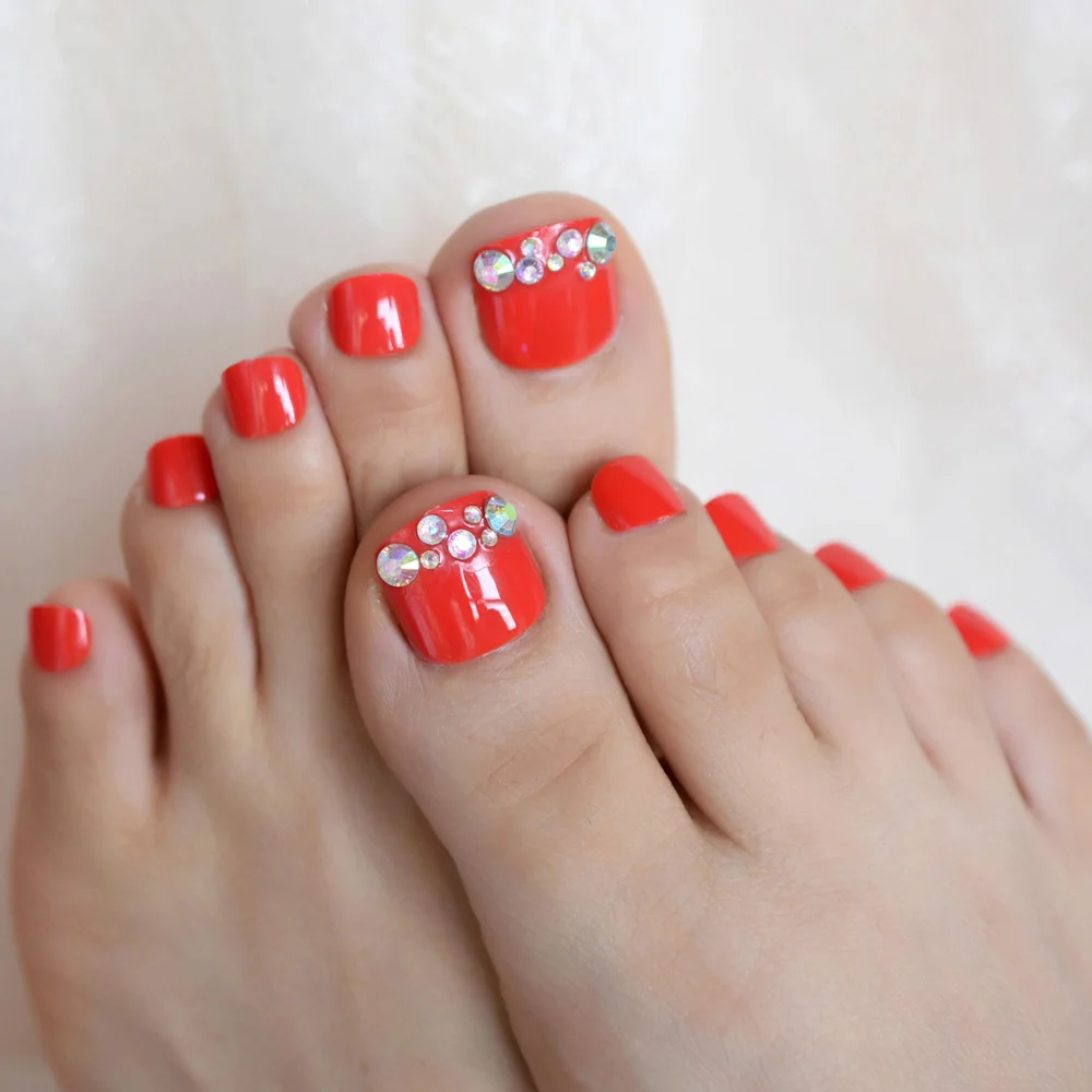 

3D Holo AB Rhinestones 24Pcs Red False Toenail Tips Set French Full Cover Fake Feet Toe Nail Tips for DIY Manicure Decoration