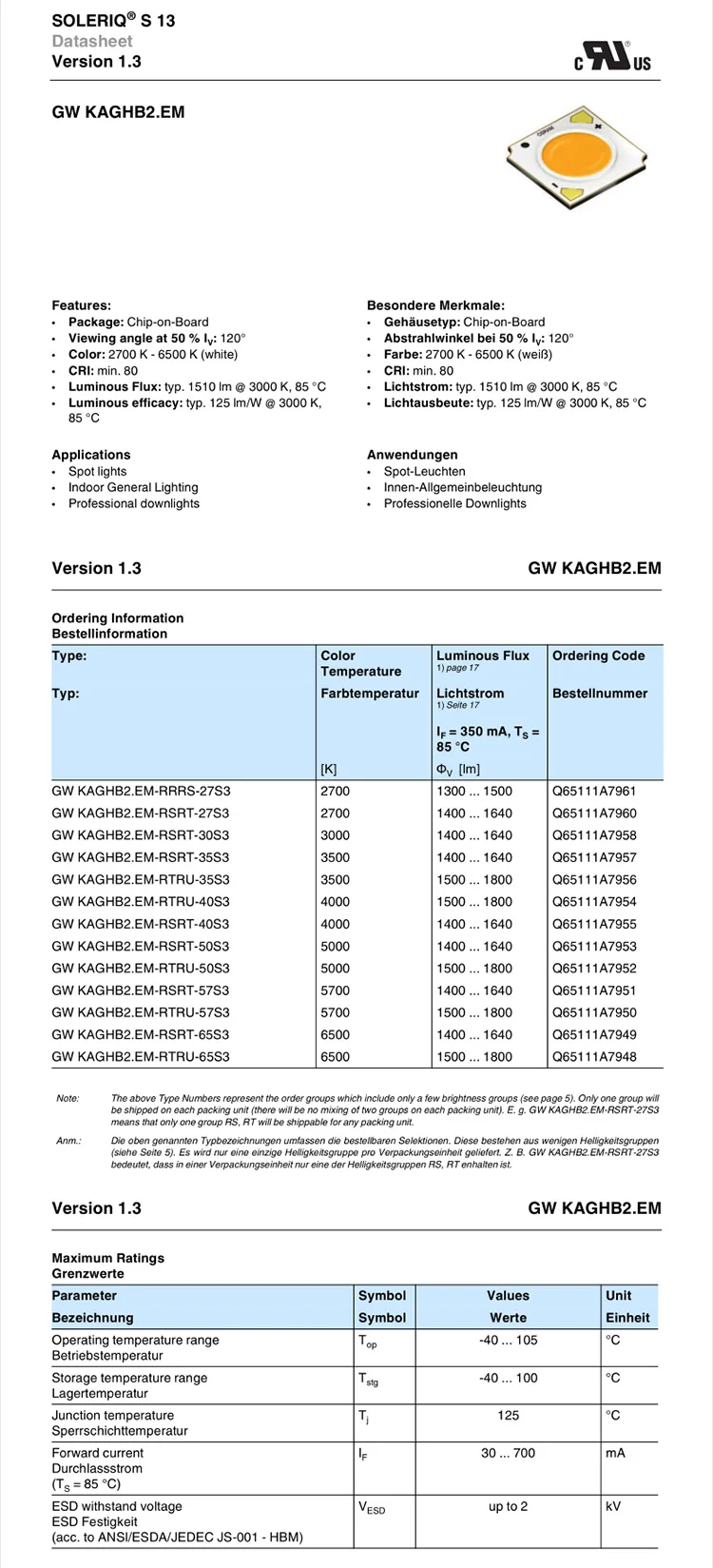 5 шт. OSRAM GW KAGHB2.CM керамика COB 26 Вт Высокая мощность светодиодные лампы 2700-4000K Теплый/нейтральный белый светильник