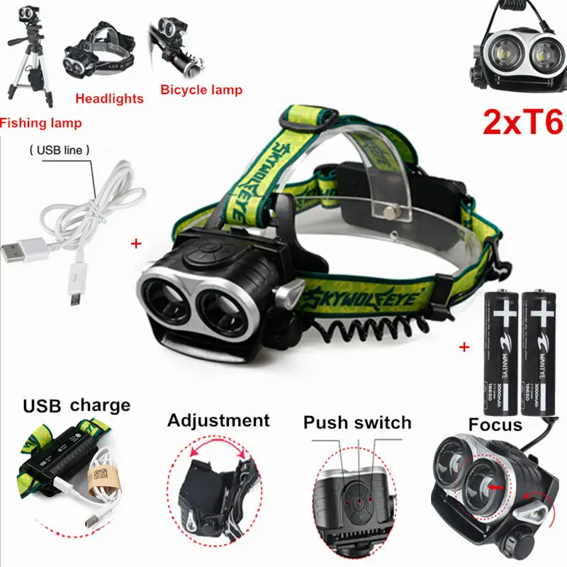 

Zoom 2 x XML T6 4000Lm LED Headlamp Rechargeable Headlight Head Torch Lamp For Camping +2x18650 battery +USB cable