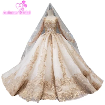 

Gold Lace Wedding Dresses 2019 Design Vestido De Noiva Princesa With Veils Shiny Big Skirt Champagne High-end Wedding Dresses