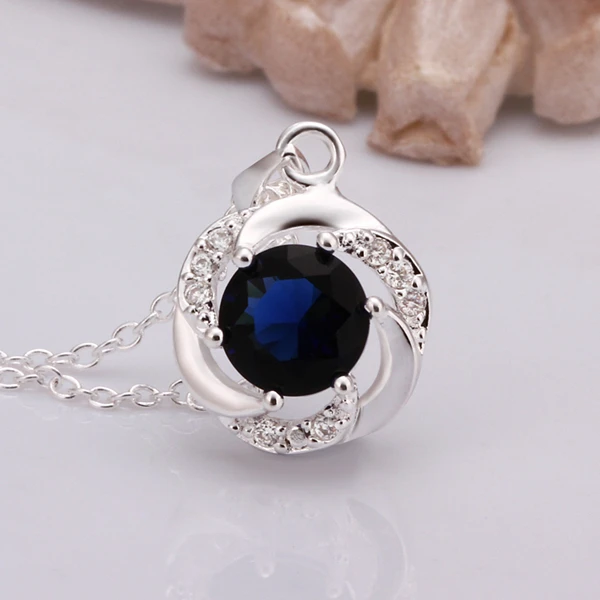 

925sterling silver jewelry fine fashion loverly wave round bring dark blue crystal stone pendant for women girls wedding jewerly