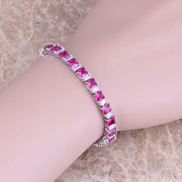 

Red Cubic Zirconia White CZ 925 Sterling Silver Link Chain Bracelet 7 inch S0311