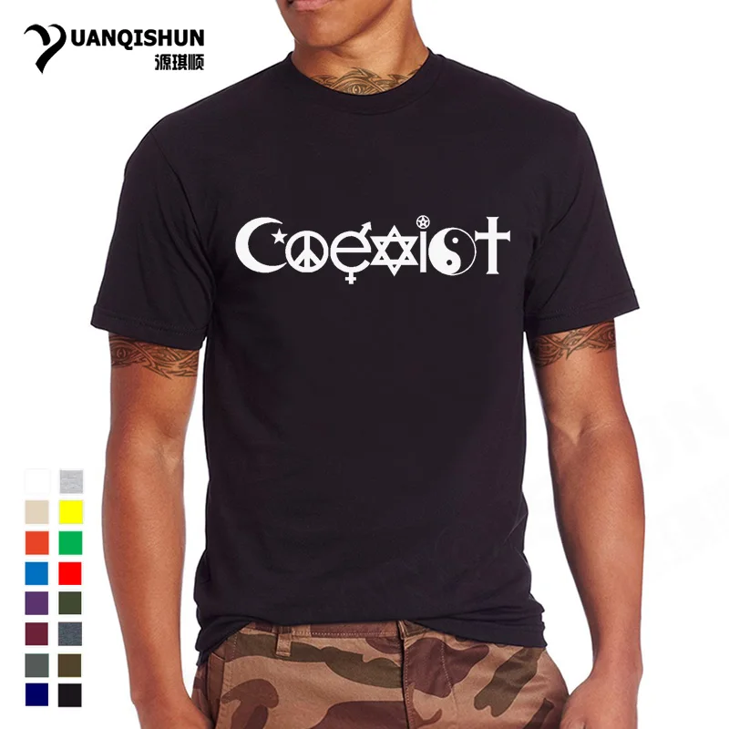 

YUANQISHUN World Peace T Shirt Religion Freedom Coexist Unity Tshirt Religious Faith Peaceful Sign T-shirt 100% Cotton Men Tees