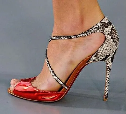 

Cheap New Brand Woman Red Patent Leather Snake Skin Python Patchwork Buckle Strap Peep Toe Thin Heels Party High Heel Sandals