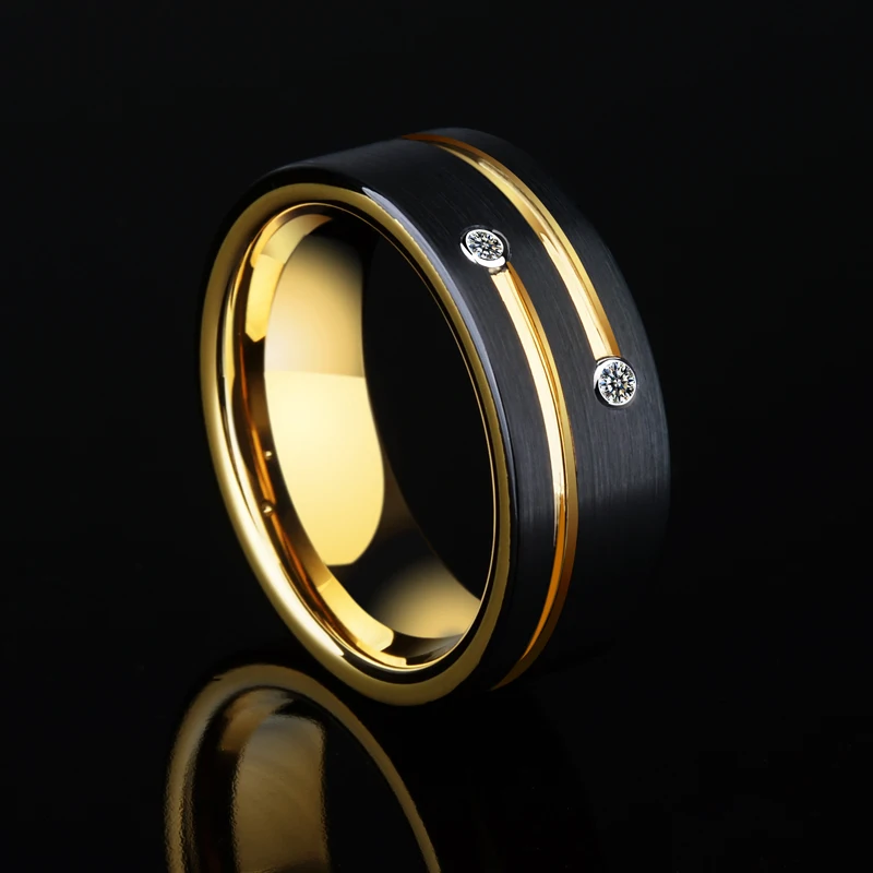 Новое поступление высокое качество мужские обручальные кольца 6/8 мм черный Вольфрам кольца с золото Groove Камень CZ Размеры 5-12,5