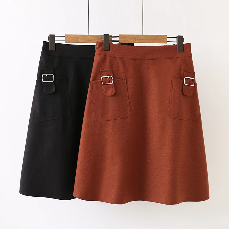 

XL-4XL High Waist A Line Skirts Women Spring Autumn Korean Ladies Plus Size Skirts Elastic Waist Pocket Midi Woolen Skirt Black