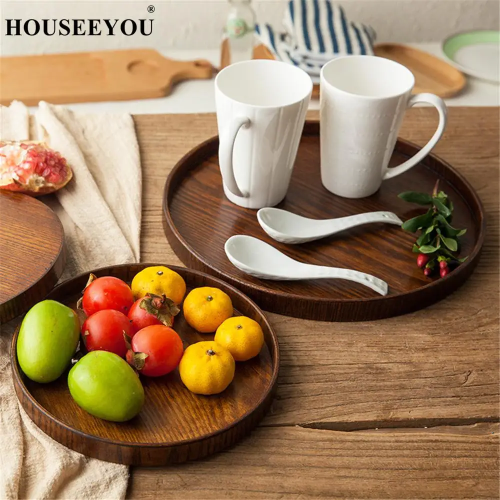 Round Natural Wood Serving Tray Wooden Plate Tea Food Server Dishes Water Drink Platter Bamboo Rectangular Container