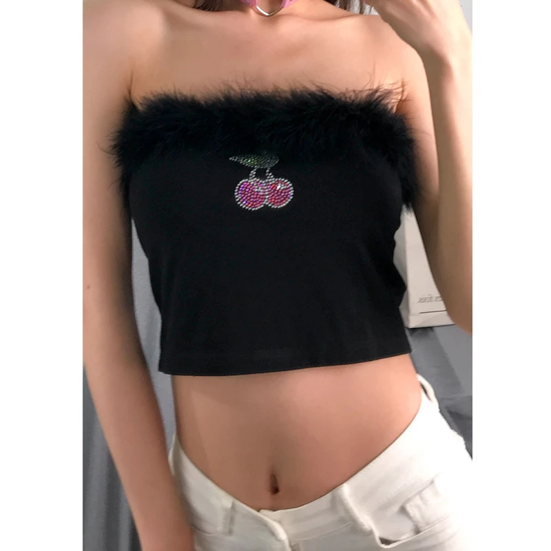 

Cherry Printed Women Sexy Sleeveless Crop Top Wrap Bralet Summer Ladies Party Club Wear Fitness Vest Female Tanks Strapless Tops