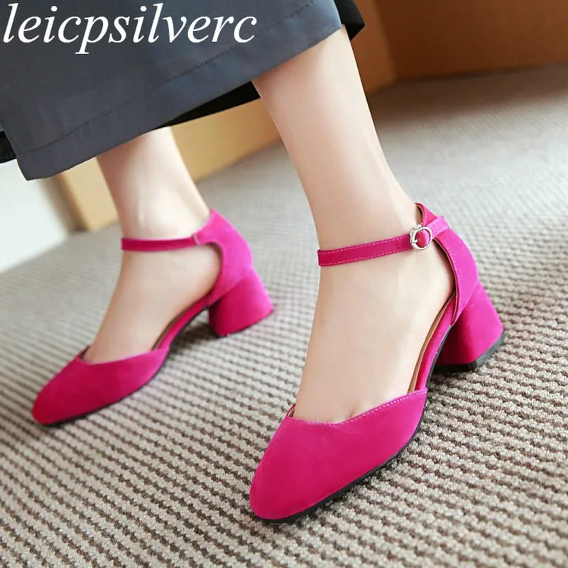 

Women Pumps Shoes Med Heel Flock Square Toe Buckle 2018 Summer New Sweet Fashion Casual Wedding Office Dress Black Red Blue