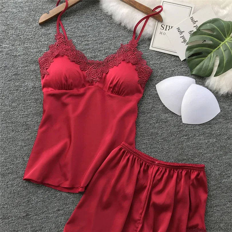 2019 Summer Women Sexy Satin Sling Sleepwear Lingerie Lace Nightdress Underwear Set Wholesale Dropshipping #E09 (26)