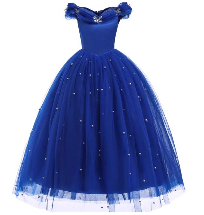 Летнее платье принцессы платье Золушки праздничное платье для девочек, длинное платье в пол, вечерние платья детская одежда карнавальный синее длинное платье жемчужного цвета - Цвет: dress only