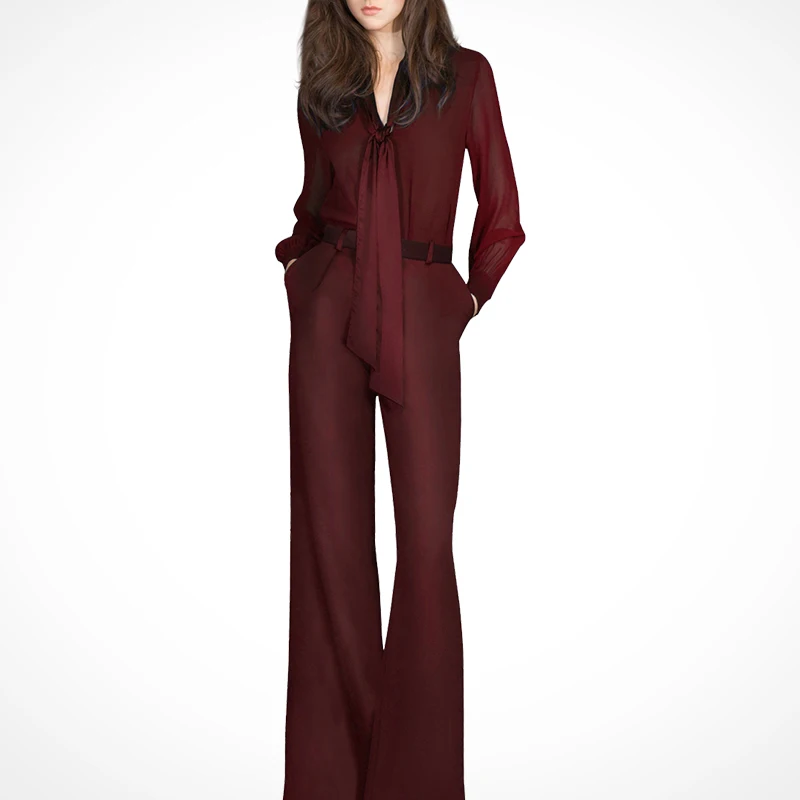 Весенне-осенние женские комплекты, офисные женские рубашки с бантом и широкие брюки, костюмы, блузка с длинными рукавами и длинные штаны, комплект из 2 предметов - Цвет: Бургундия