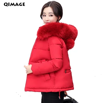 

QIMAGE Fashion Winter Women Coats 2017 Solid Color Short Parkas Female Big Fur Collar Down Jacket Women Parkas Warm Outwear