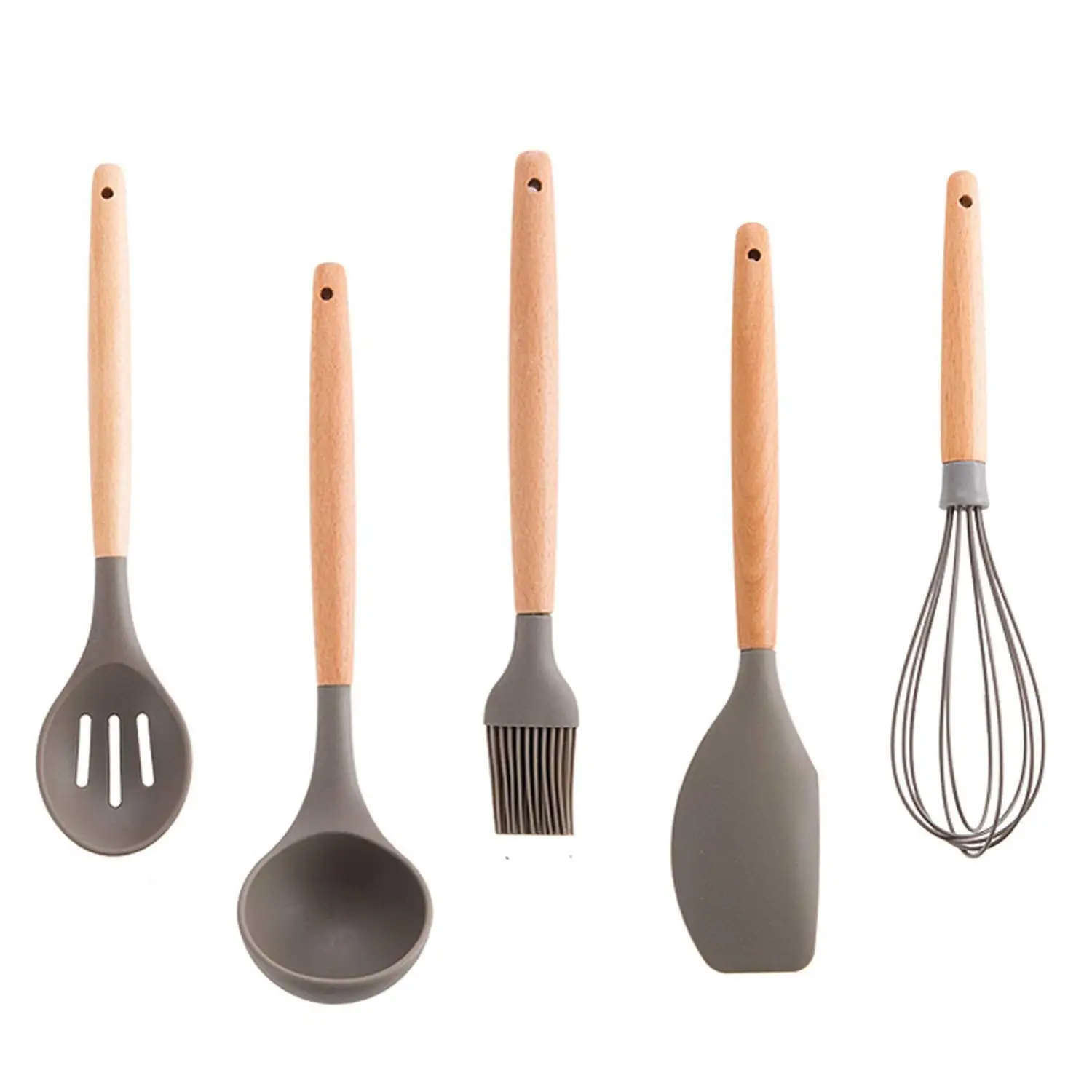 

ERMAKOVA Silicone Kitchen Baking Cooking Tools Non-Stick Heat Resistant Slotted Spoon Scraper Ladle Brush Whisk with Wood Handle