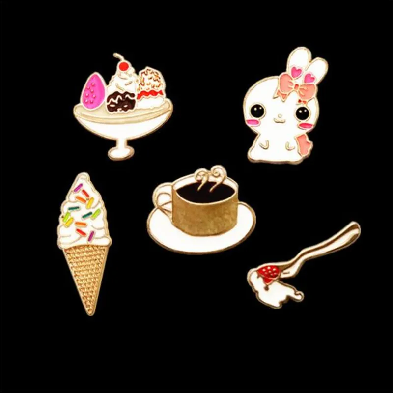 

WKOUD White rabbit sweet Ice cream salad fruit plate coffee Cartoon Sweet Enamel pin Brooch Denim Bag Jackets Lapel Badge brooch