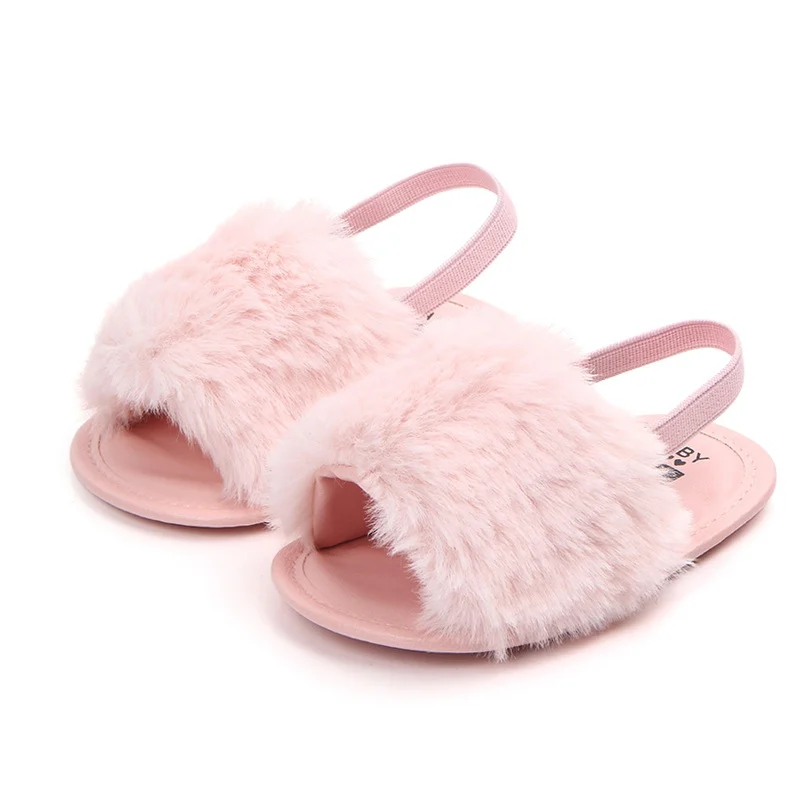 New Summer Soft Hair Style Classic Baby Girl Slipper Sandals Breathable Baby Fur Shoes Simple Elastic Sandals Princess Baby